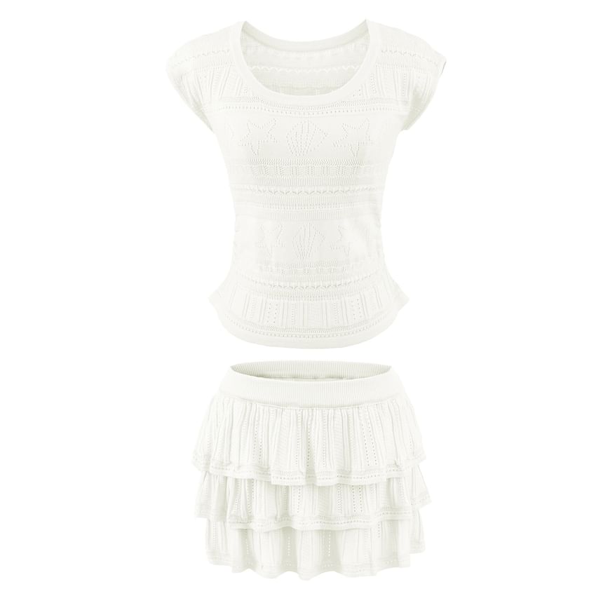 Set: Short Sleeve Plain Pointelle Slim-Fit Knit Top + High Waist Mini Tiered Skirt
