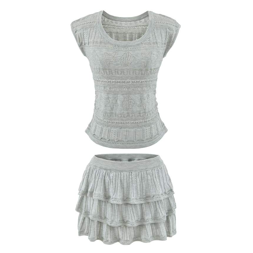 Set: Short Sleeve Plain Pointelle Slim-Fit Knit Top + High Waist Mini Tiered Skirt