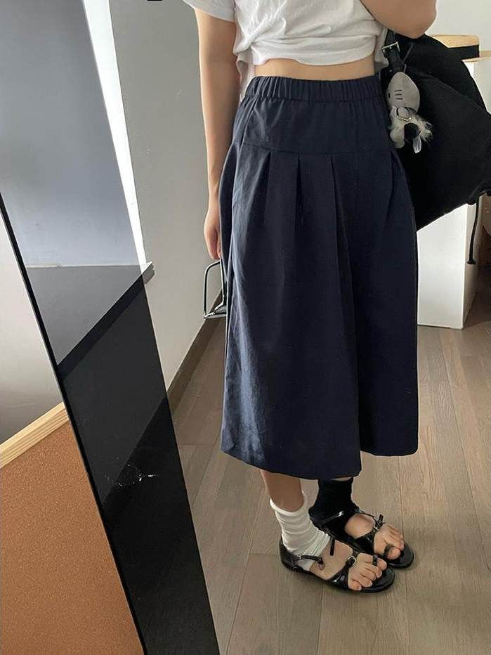 High Waist Plain Capri Wide Leg Pants / Lace Trim Mini Overlay Skirt