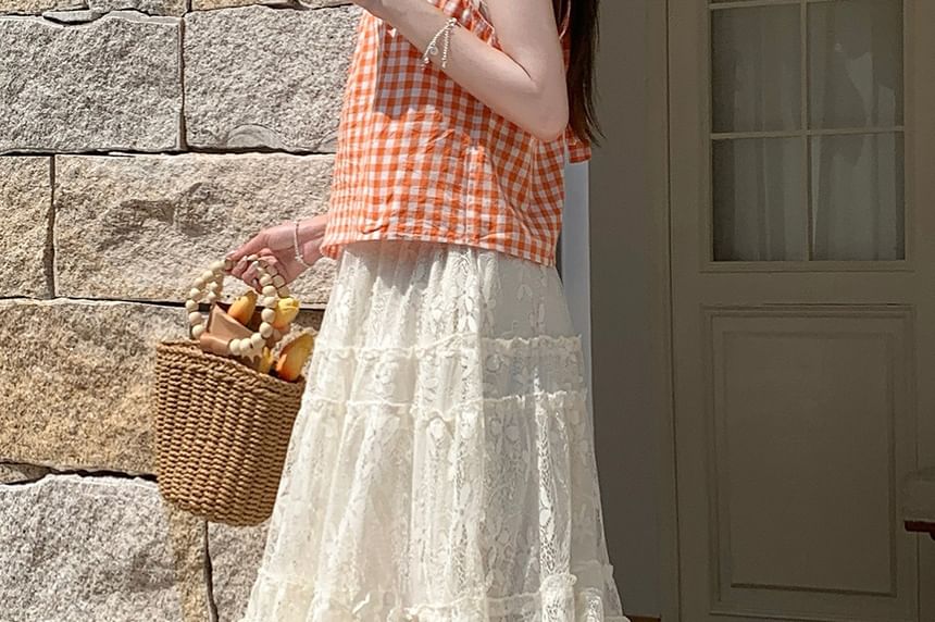 High Waist Plain Tiered Lace Maxi A-Line Skirt