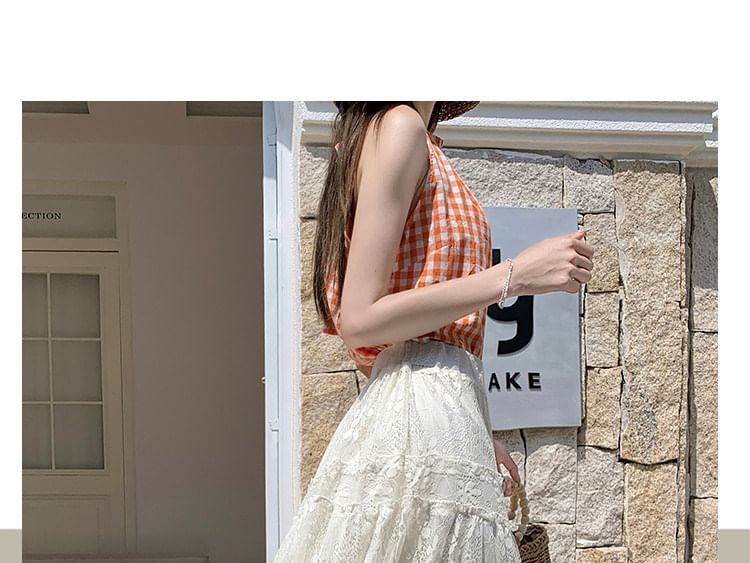 High Waist Plain Tiered Lace Maxi A-Line Skirt