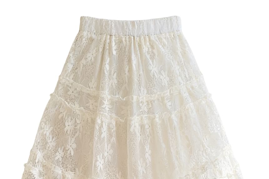 High Waist Plain Tiered Lace Maxi A-Line Skirt