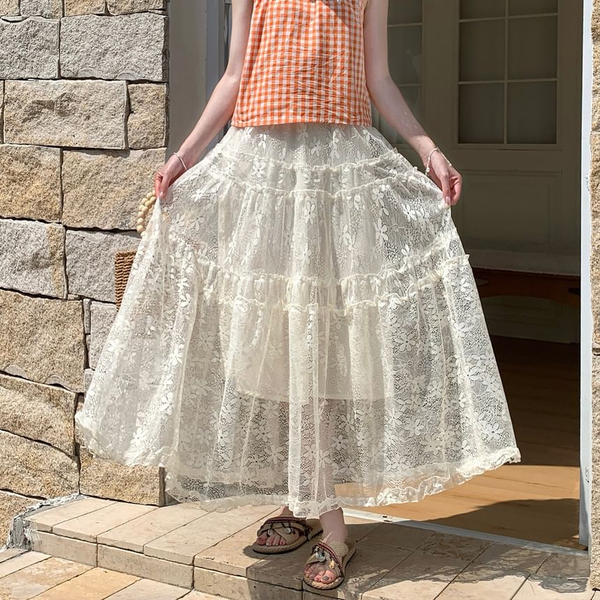 High Waist Plain Tiered Lace Maxi A-Line Skirt