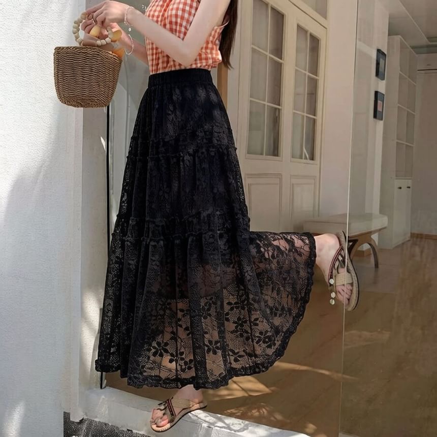 High Waist Plain Tiered Lace Maxi A-Line Skirt