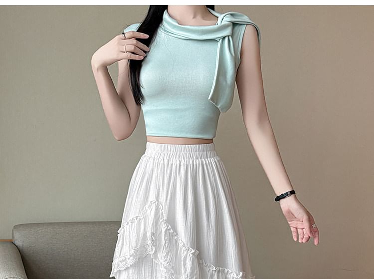Elastic Waist Plain Ruffle Tiered Slit Panel Lace Maxi A-Line Skirt