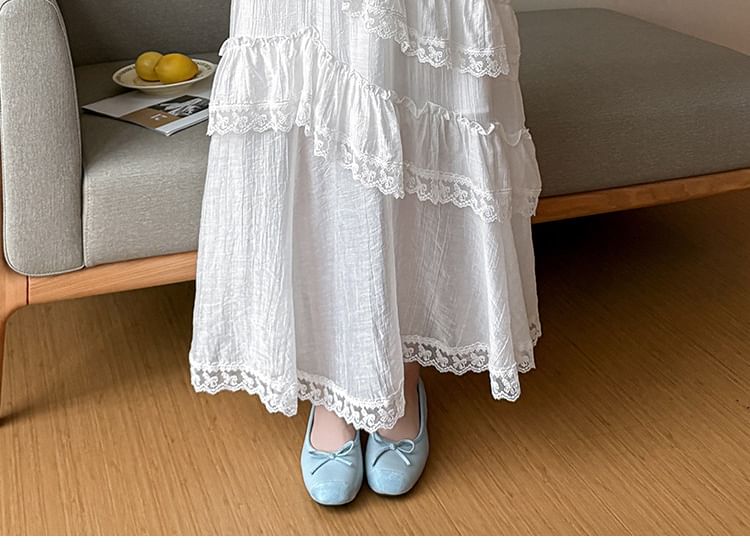Elastic Waist Plain Ruffle Tiered Slit Panel Lace Maxi A-Line Skirt