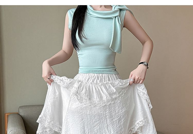 Elastic Waist Plain Ruffle Tiered Slit Panel Lace Maxi A-Line Skirt