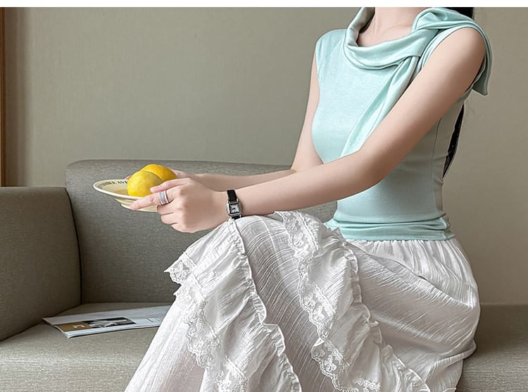 Elastic Waist Plain Ruffle Tiered Slit Panel Lace Maxi A-Line Skirt
