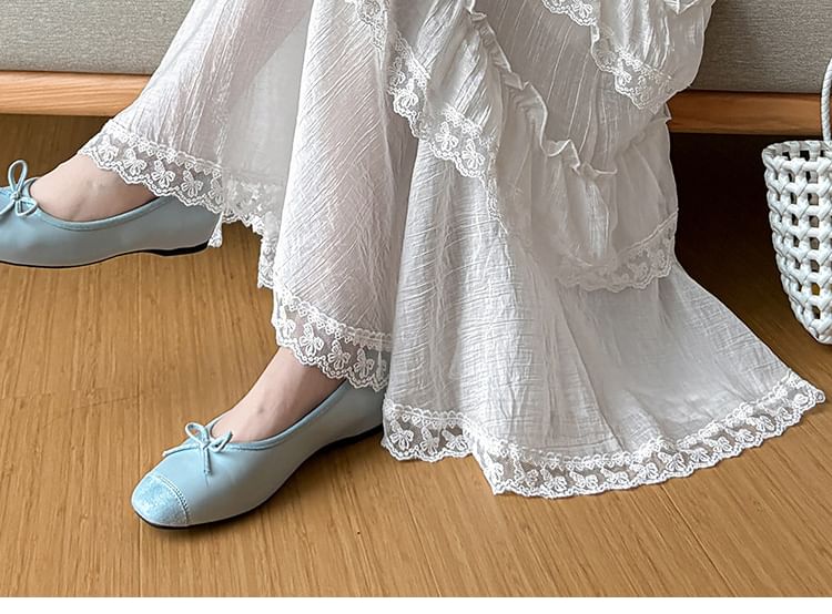Elastic Waist Plain Ruffle Tiered Slit Panel Lace Maxi A-Line Skirt
