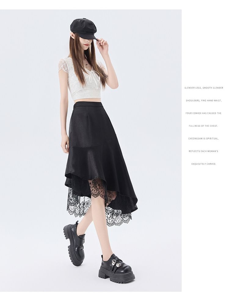 High Waist Plain Asymmetrical Lace Panel Satin Midi A-Line Skirt