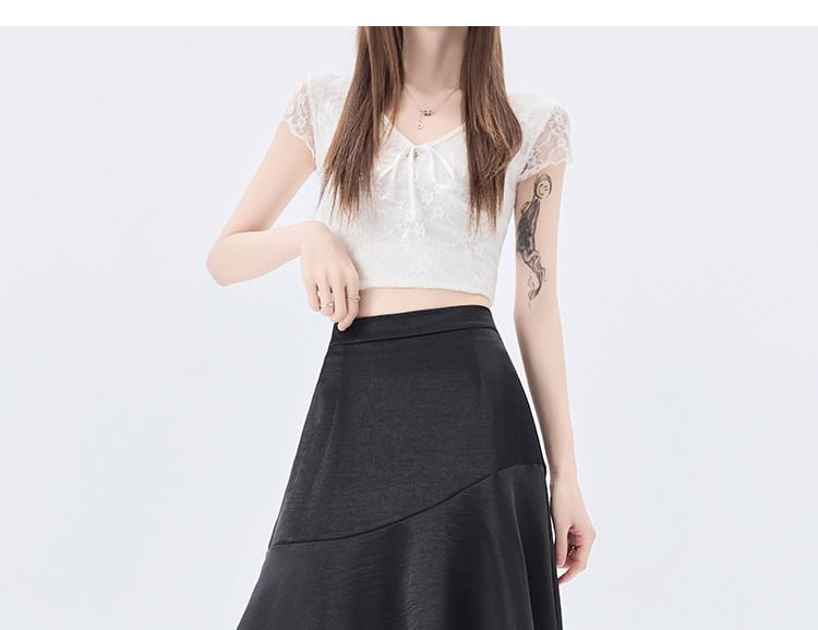 High Waist Plain Asymmetrical Lace Panel Satin Midi A-Line Skirt