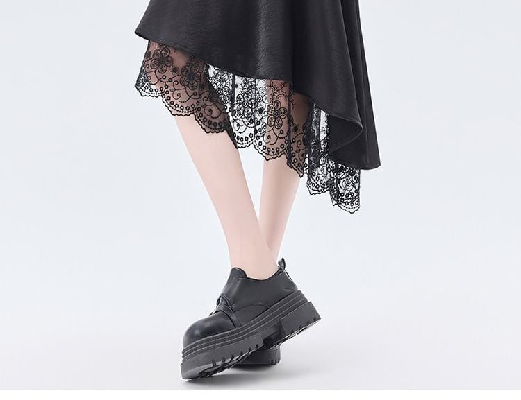 High Waist Plain Asymmetrical Lace Panel Satin Midi A-Line Skirt