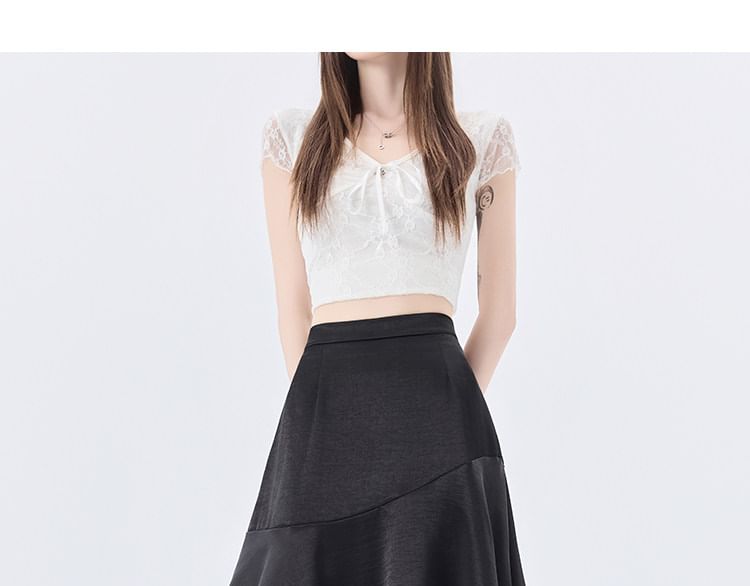 High Waist Plain Asymmetrical Lace Panel Satin Midi A-Line Skirt