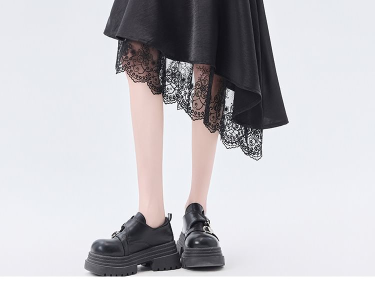 High Waist Plain Asymmetrical Lace Panel Satin Midi A-Line Skirt