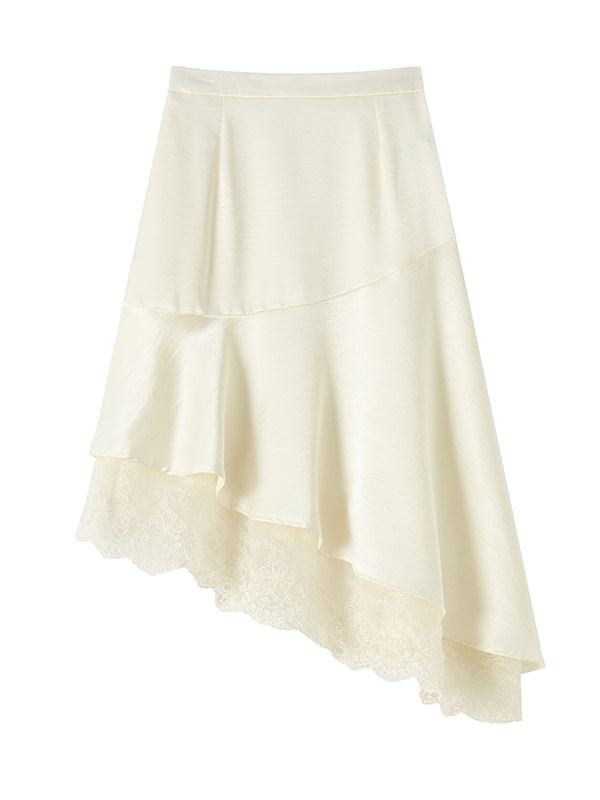 High Waist Plain Asymmetrical Lace Panel Satin Midi A-Line Skirt