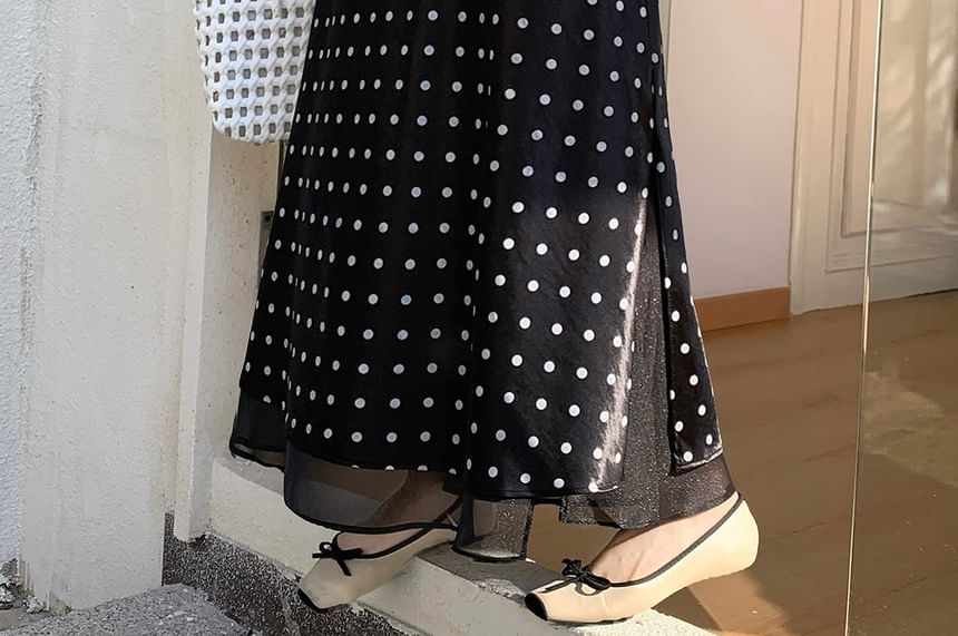 High Waist Polka Dot Slit Satin Panel Mesh Maxi A-Line Skirt