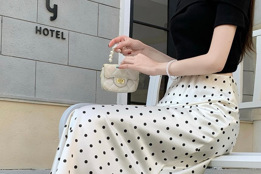 High Waist Polka Dot Slit Satin Panel Mesh Maxi A-Line Skirt