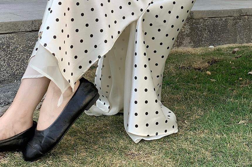 High Waist Polka Dot Slit Satin Panel Mesh Maxi A-Line Skirt