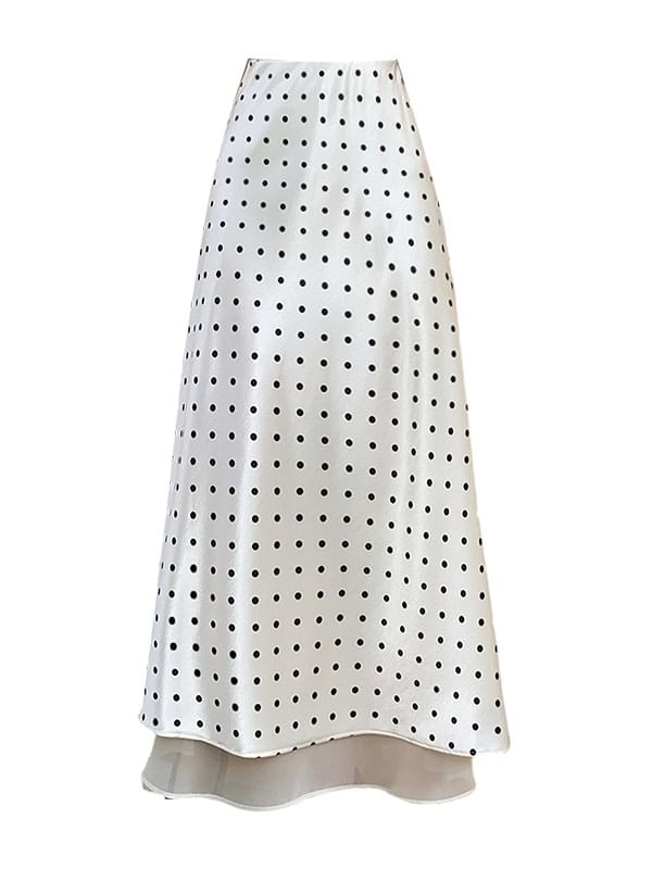 High Waist Polka Dot Slit Satin Panel Mesh Maxi A-Line Skirt