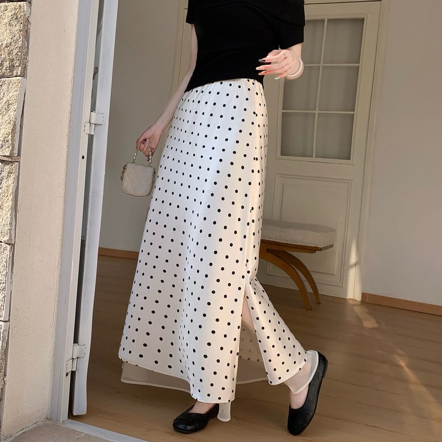 High Waist Polka Dot Slit Satin Panel Mesh Maxi A-Line Skirt