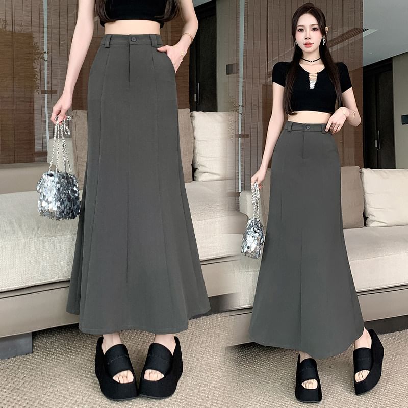 High Waist Plain Panel Maxi Mermaid Skirt