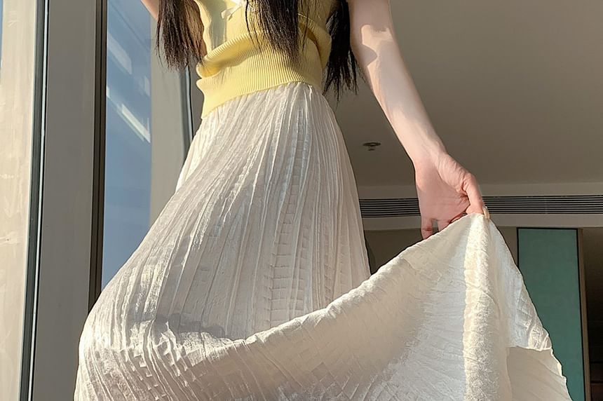 High Waist Plain Pleated Maxi A-Line Skirt
