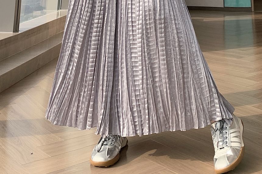 High Waist Plain Pleated Maxi A-Line Skirt