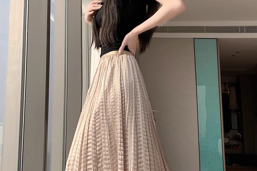 High Waist Plain Pleated Maxi A-Line Skirt