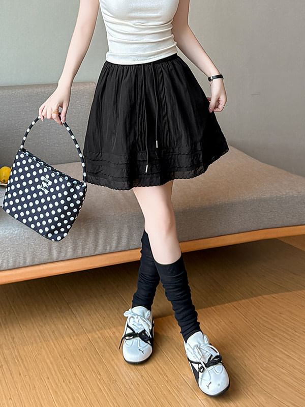 Drawstring Waist Plain Tiered Pintuck Mini A-Line Skirt