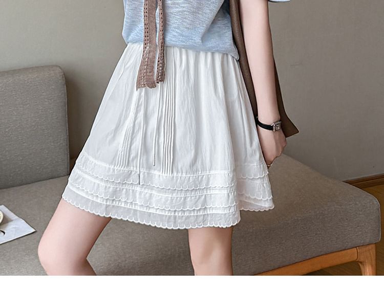 Drawstring Waist Plain Tiered Pintuck Mini A-Line Skirt