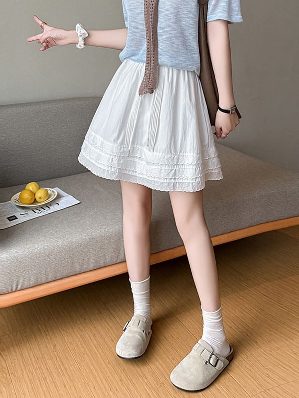 Drawstring Waist Plain Tiered Pintuck Mini A-Line Skirt