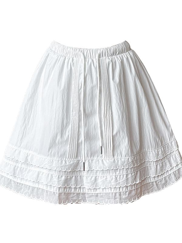 Drawstring Waist Plain Tiered Pintuck Mini A-Line Skirt