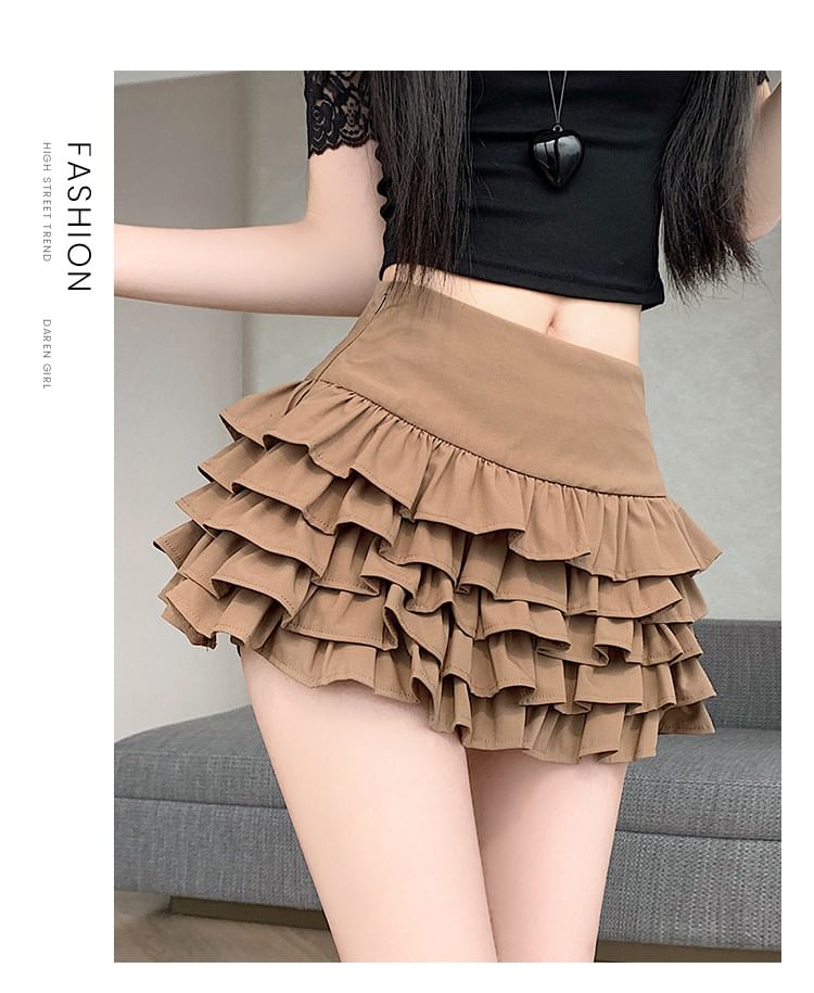 Mid Rise Plain Ruffle Tiered Mini A-Line Skirt