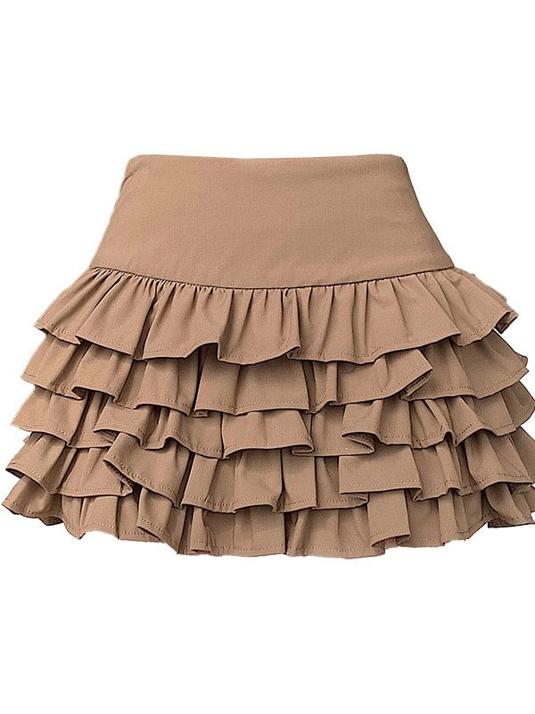 Mid Rise Plain Ruffle Tiered Mini A-Line Skirt