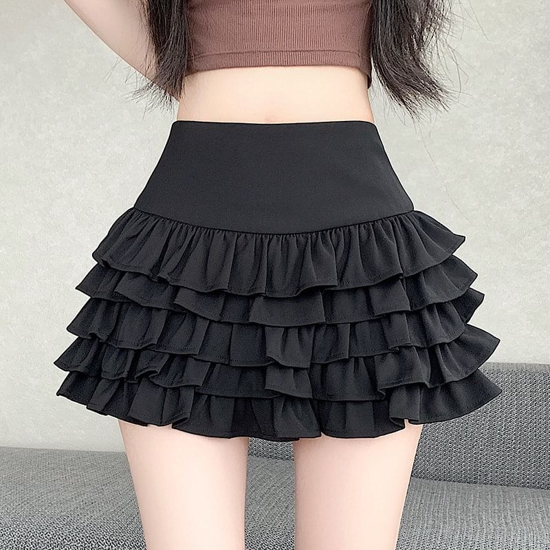 Mid Rise Plain Ruffle Tiered Mini A-Line Skirt