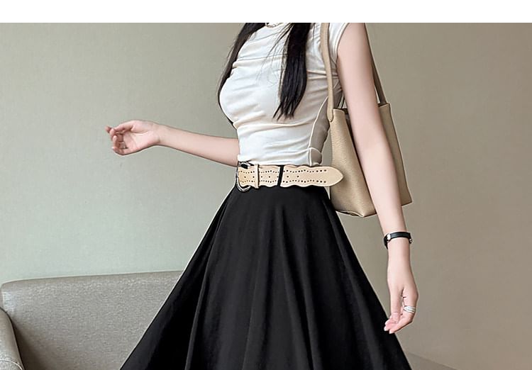 High Waist Plain Asymmetrical Midi A-Line Skirt