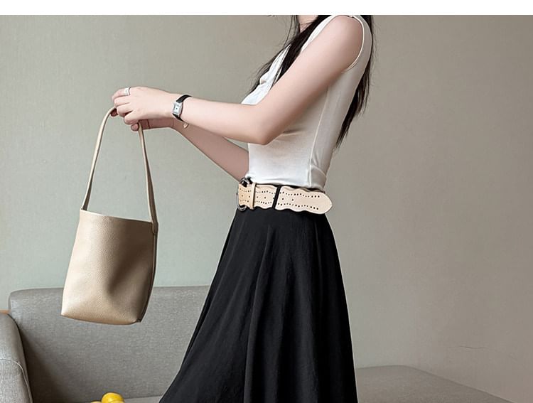 High Waist Plain Asymmetrical Midi A-Line Skirt