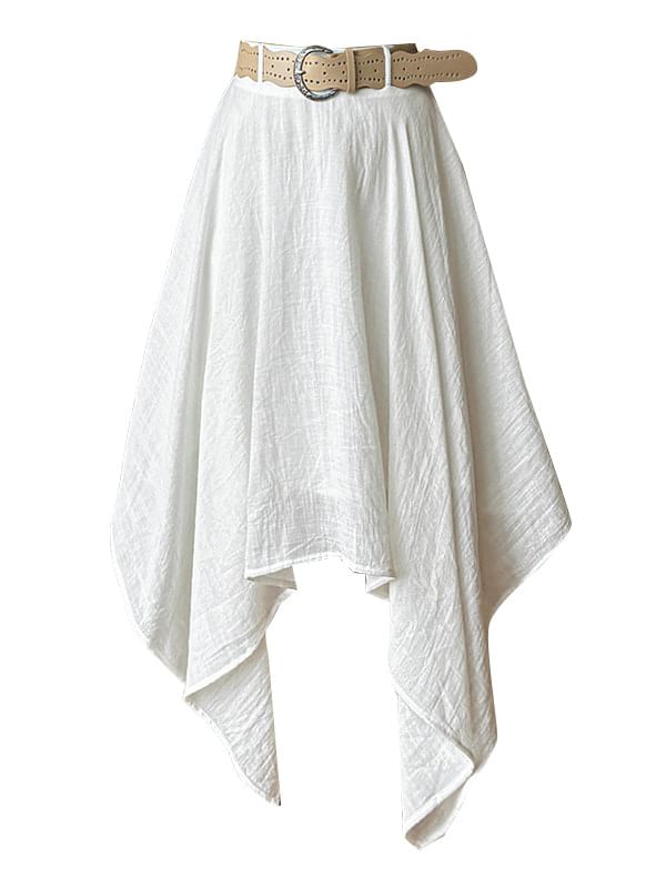 High Waist Plain Asymmetrical Midi A-Line Skirt