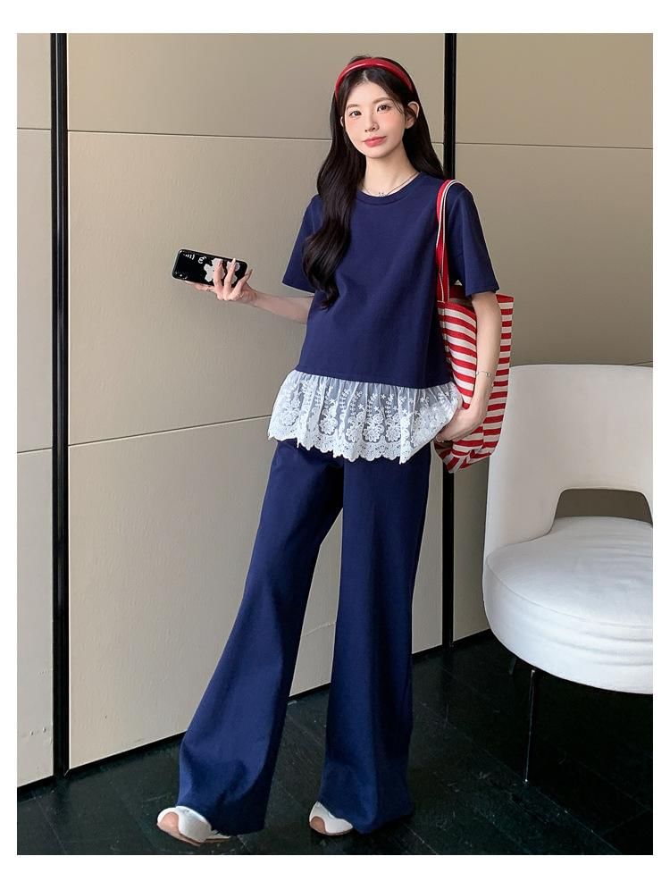 Maternity Set: Short-Sleeve Lace Hem Top + High Waist Flared Pants