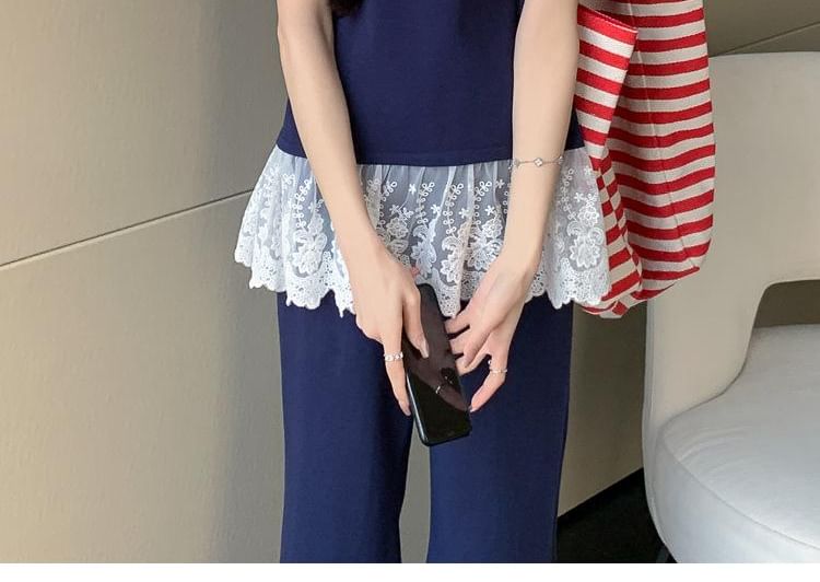 Maternity Set: Short-Sleeve Lace Hem Top + High Waist Flared Pants