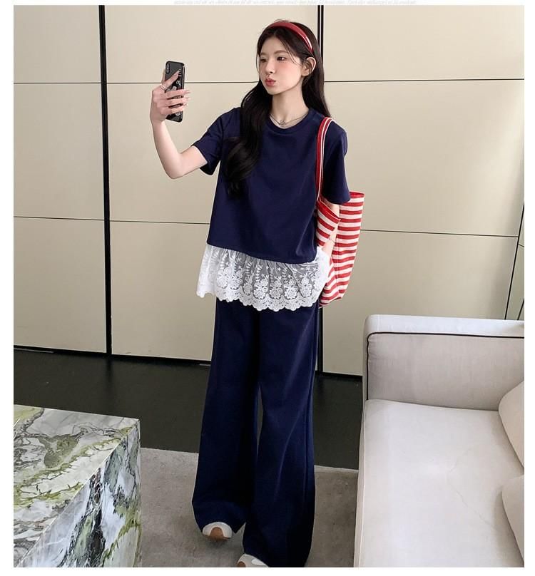 Maternity Set: Short-Sleeve Lace Hem Top + High Waist Flared Pants