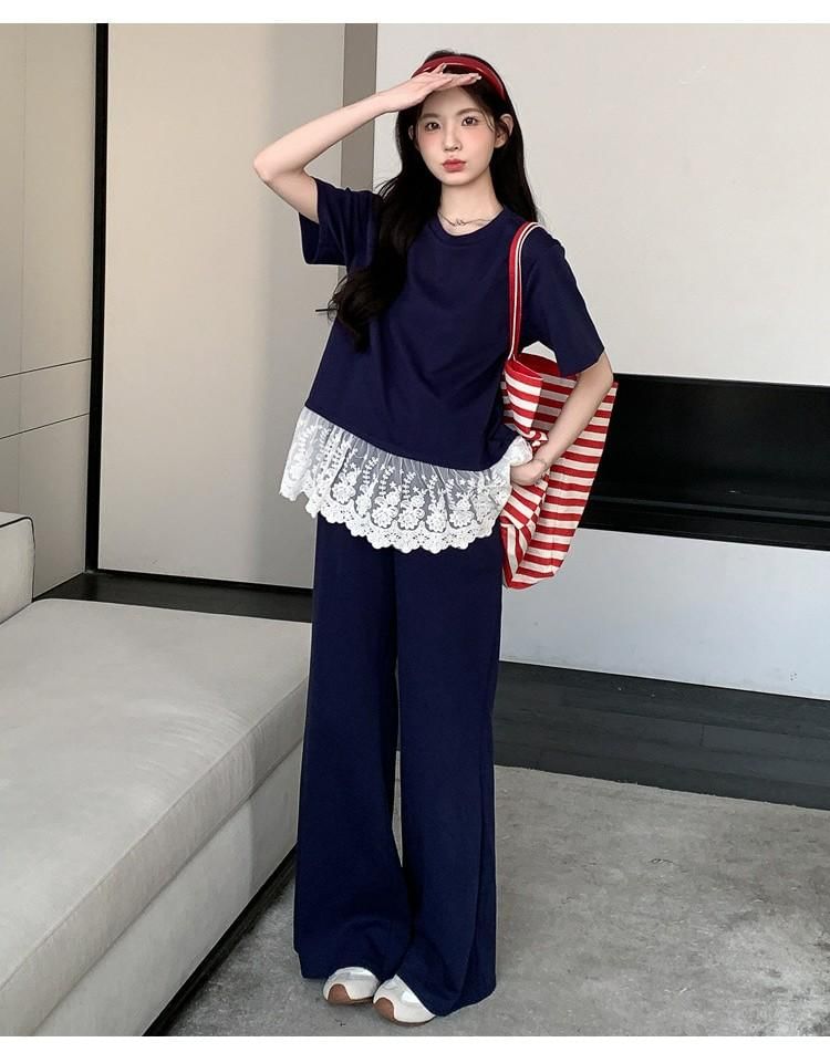 Maternity Set: Short-Sleeve Lace Hem Top + High Waist Flared Pants