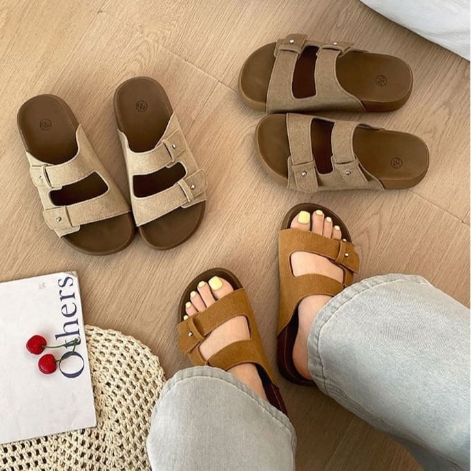 Double Strap Buckled Faux Suede Slide Sandals