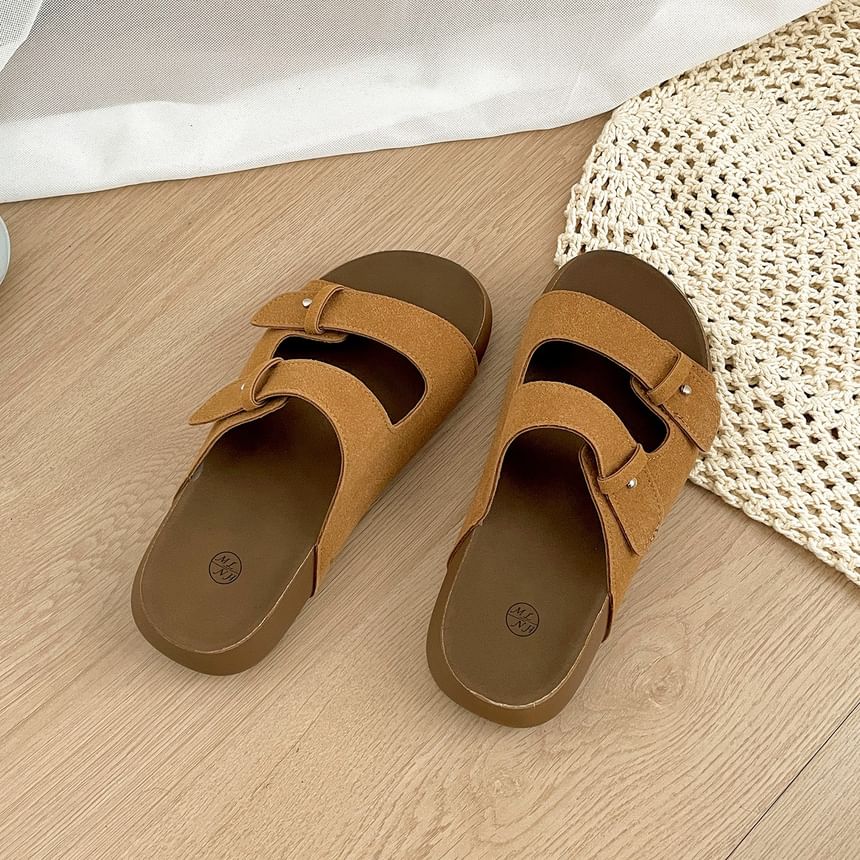 Double Strap Buckled Faux Suede Slide Sandals