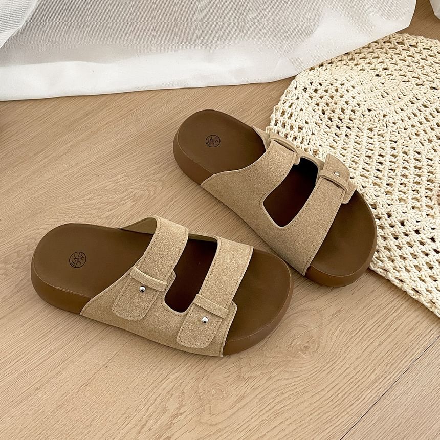 Double Strap Buckled Faux Suede Slide Sandals