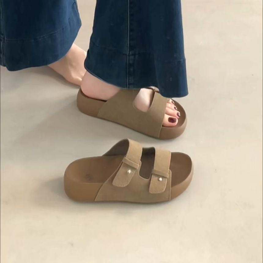 Double Strap Buckled Faux Suede Slide Sandals