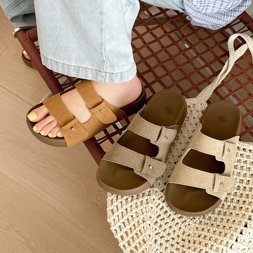 Double Strap Buckled Faux Suede Slide Sandals