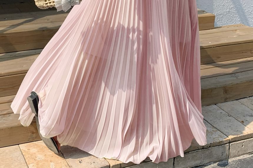 High Waist Plain Accordion Pleated Maxi A-Line Skirt