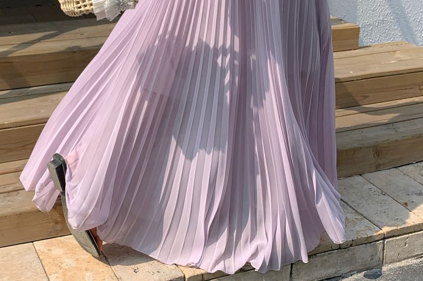High Waist Plain Accordion Pleated Maxi A-Line Skirt