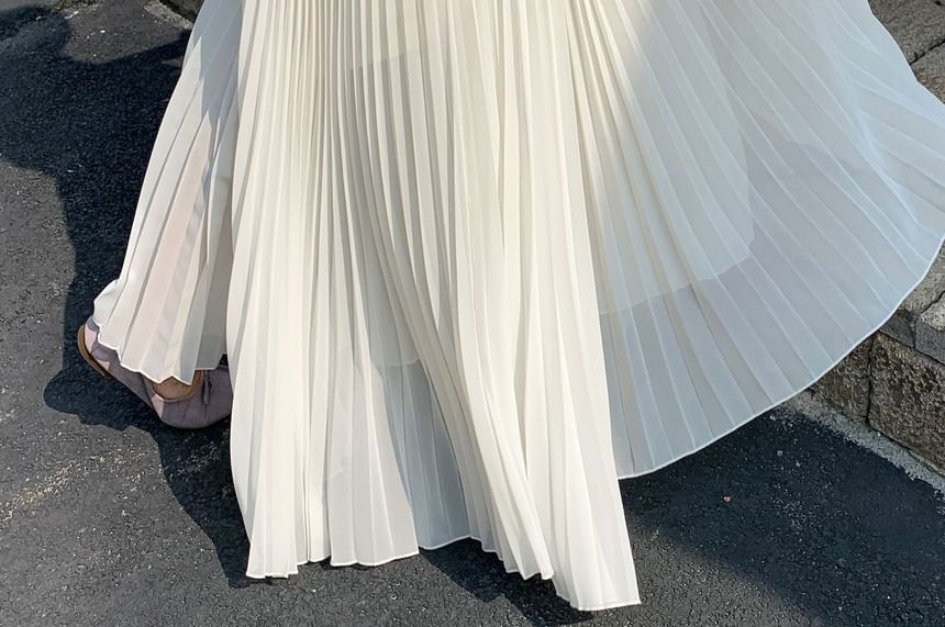 High Waist Plain Accordion Pleated Maxi A-Line Skirt